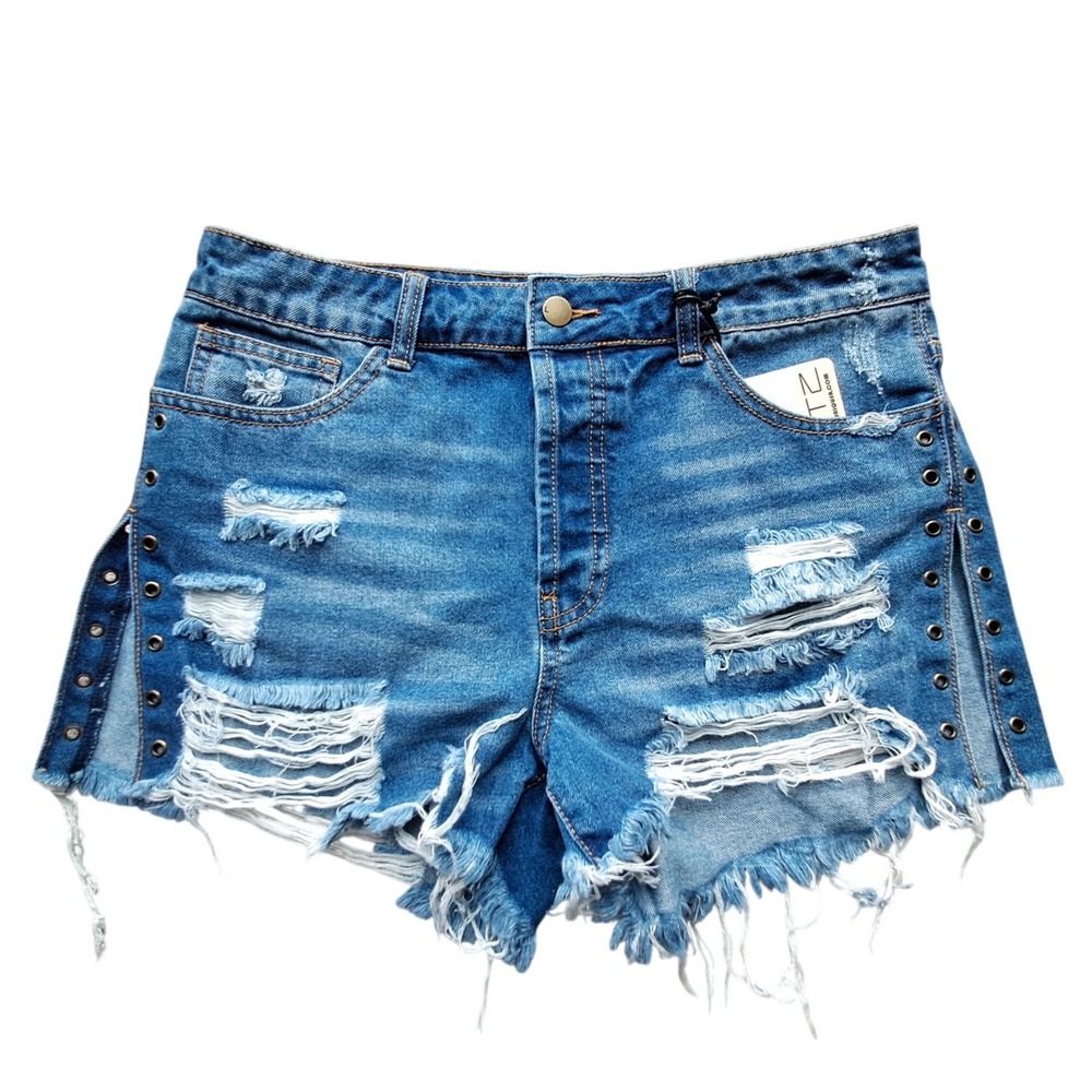 LITZ‎ Womens Denim Distressed Cutoff Shorts Grommet Side Detail Size Large